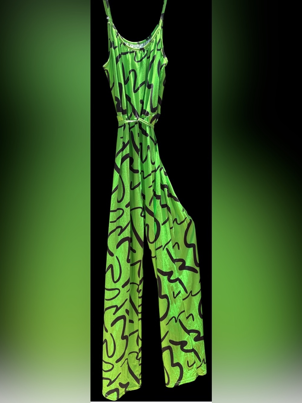 Vibrant Lime Green Abstract Print Wide-Leg Jumpsuit – Size L